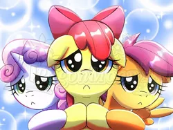 Size: 1024x768 | Tagged: safe, artist:pagonmoon, derpibooru import, apple bloom, scootaloo, sweetie belle, earth pony, pegasus, pony, unicorn, cutie mark crusaders, female, filly, image, jpeg, ponytober, sad, watermark