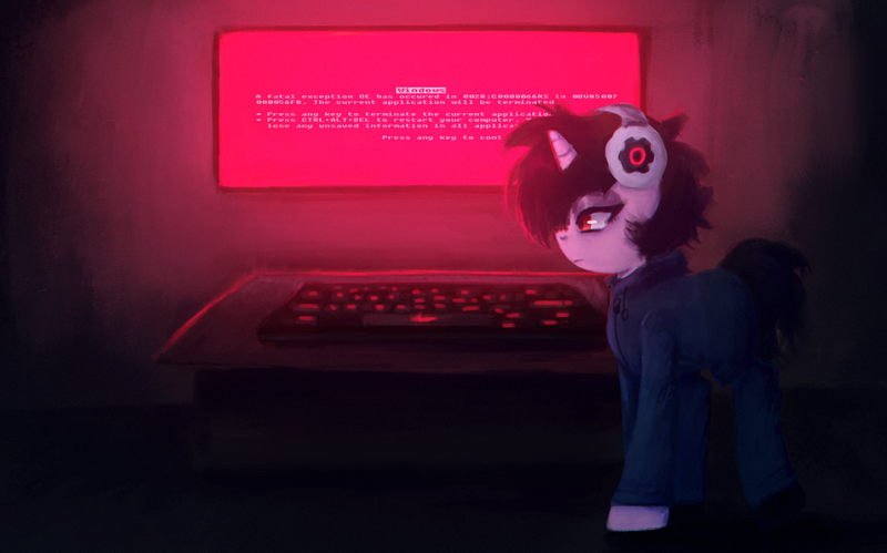 Size: 2000x1248 | Tagged: safe, artist:menalia, derpibooru import, oc, oc:music overload, unofficial characters only, pony, unicorn, aesthetics, black mane, blue screen of death, clothes, dark room, female, headphones, hoodie, horn, image, keyboard, mare, microsoft, pants, png, shoes, table, walking, windows