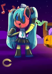 Size: 1280x1810 | Tagged: safe, artist:trackheadtherobopony, derpibooru import, oc, oc:trackhead, pony, robot, robot pony, chibi, cosplaying, hatsune miku, image, jpeg, music notes, nightmare night, pumpkin, solo, vocaloid