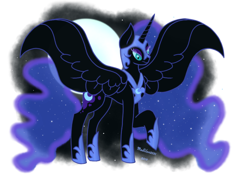 Size: 960x720 | Tagged: safe, artist:madlilon2051, derpibooru import, nightmare moon, alicorn, pony, ethereal mane, eyelashes, female, full moon, helmet, hoof shoes, horn, image, mare, moon, peytral, png, raised hoof, simple background, spread wings, starry mane, stars, transparent background, wings