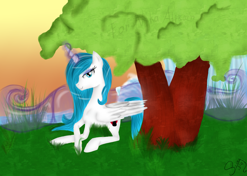 Size: 2920x2080 | Tagged: safe, artist:herusann, derpibooru import, oc, unofficial characters only, alicorn, pony, alicorn oc, eyelashes, female, horn, image, lying down, mare, outdoors, png, prone, solo, tree, wings