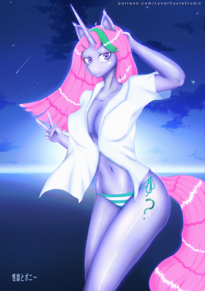 Size: 800x1133 | Tagged: safe, artist:yoye-wolfgrel, derpibooru import, oc, anthro, unicorn, absolute cleavage, breasts, cleavage, female, image, kaidantoponi, lunarcyclestudio, patreon, peace sign, png, solo, solo female