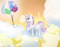 Size: 3920x3080 | Tagged: safe, artist:herusann, derpibooru import, oc, unofficial characters only, alicorn, pony, alicorn oc, balloon, cloud, female, horn, image, mare, on a cloud, outdoors, png, raised hoof, solo, sun, wings