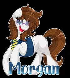 Size: 1600x1787 | Tagged: safe, artist:missmele-madness, derpibooru import, oc, oc:morgan, earth pony, pony, black background, clothes, female, glasses, image, jpeg, mare, shirt, simple background, solo