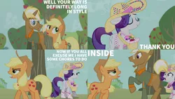 Size: 1280x720 | Tagged: safe, derpibooru import, edit, edited screencap, editor:quoterific, screencap, applejack, rarity, trenderhoof, earth pony, pony, unicorn, season 4, simple ways, apple, applejack's hat, cowboy hat, eyes closed, female, food, hat, image, jpeg, male, mare, open mouth, stallion, tree