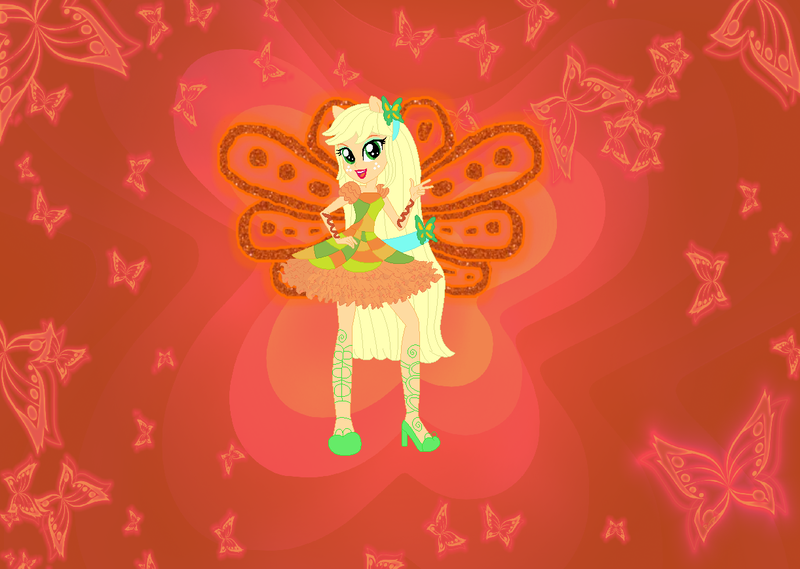 Size: 1221x869 | Tagged: safe, artist:selenaede, artist:user15432, derpibooru import, applejack, fairy, human, equestria girls, alternate hairstyle, barely eqg related, base used, butterflix, clothes, crossover, dress, fairy wings, fairyized, hand on hip, high heels, image, long hair, orange dress, orange wings, png, ponied up, shoes, wings, winx, winx club, winxified