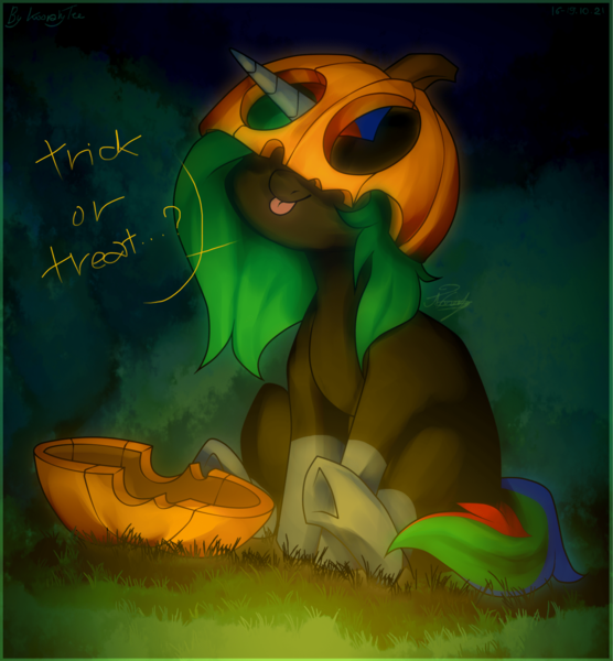 Size: 1920x2071 | Tagged: safe, artist:kooraly_and_krembo, derpibooru import, oc, oc:thinkpony, unofficial characters only, pony, unicorn, :p, commission, halloween, holiday, image, jack-o-lantern, png, pumpkin, sitting, tongue out, trick or treat, ych result, your character here