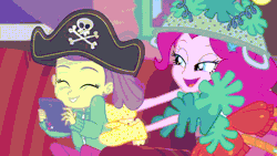 Size: 1280x720 | Tagged: safe, derpibooru import, lily pad (equestria girls), pinkie pie, human, equestria girls, equestria girls series, pinkie sitting, animated, cute, eyes closed, female, females only, gif, image, laughing, lilypad, reversed, tickling