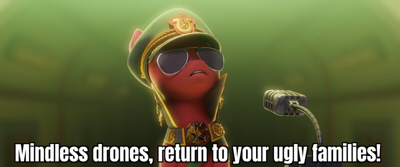 Size: 2047x857 | Tagged: safe, derpibooru import, edit, edited screencap, official, screencap, sprout cloverleaf, earth pony, pony, my little pony: a new generation, spoiler:my little pony: a new generation, caption, dictator, emperor sprout, g5, hat, image, image macro, jpeg, microphone, solo, sunglasses, text, the simpsons, the simpsons: hit and run