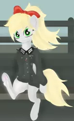 Size: 1833x3000 | Tagged: safe, artist:mitziprey, ponybooru import, oc, oc:kyrie, unofficial characters only, earth pony, pony, bow, female, image, jpeg, nazi, sitting, solo