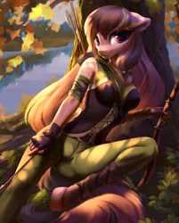 Size: 3042x3792 | Tagged: suggestive, artist:jumperkit, derpibooru import, oc, oc:dawnsong, unofficial characters only, anthro, earth pony, unguligrade anthro, arrow, autumn, bow, bow and arrow, bow (weapon), breasts, clothes, female, image, lake, leaves, looking at you, pants, png, quiver, smiling, smiling at you, solo, solo female, tree, water, weapon