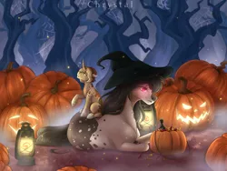 Size: 4409x3307 | Tagged: safe, artist:chrystal_company, derpibooru import, oc, oc:elinvar, oc:inkenel, oc:oretha, unofficial characters only, pony, candy, food, giant pony, halloween, hat, holiday, image, jack-o-lantern, jpeg, lantern, macro, micro, pumpkin, pumpkin bucket, size difference, tree, unicon, witch hat
