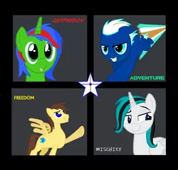 Size: 1042x1000 | Tagged: safe, artist:lukington17, derpibooru import, oc, oc:andridash, oc:christian clefnote, oc:electric blue, oc:luke quint, unofficial characters only, pegasus, unicorn, :p, beard, contrail, derpibooru exclusive, facial hair, flying, friends, image, male, mischievous, ms paint, pegasus oc, png, pointing, simple background, smiling, smirk, spirit, stars, tongue out, wings