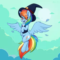 Size: 4000x4000 | Tagged: safe, artist:yelowcrom, derpibooru import, rainbow dash, pegasus, pony, beanbrows, blushing, clothes, cloud, cute, dashabetes, ear fluff, eyebrows, feather, female, hat, image, mare, moon, png, solo, wings, witch hat