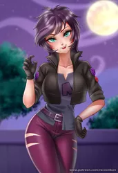 Size: 888x1300 | Tagged: safe, artist:racoonsan, derpibooru import, sunset shimmer, vampire, costume conundrum, equestria girls, equestria girls series, spoiler:eqg series (season 2), breasts, busty sunset shimmer, clothes, costume, fangs, female, gloves, halloween, halloween costume, holiday, human coloration, image, jpeg, looking at you, pants, ripped pants, smiling, solo, torn clothes, vampire shimmer, wig