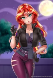 Size: 888x1300 | Tagged: safe, alternate version, artist:racoonsan, derpibooru import, sunset shimmer, vampire, costume conundrum, equestria girls, equestria girls series, spoiler:eqg series (season 2), breasts, busty sunset shimmer, clothes, costume, female, gloves, halloween, halloween costume, holiday, human coloration, image, jpeg, looking at you, pants, ripped pants, smiling, solo, torn clothes