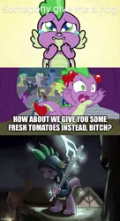 Size: 500x919 | Tagged: semi-grimdark, edit, screencap, spike, dragon, friendship is witchcraft, cute-pocalypse meow, horse play, my little pony: pony life, spoiler:pony life s01e03, abuse, booing, denied, food, hug request, image, jpeg, lightning, lightning rod, male, sad, solo, spikeabuse, stage, suicide, tomato, tomatoes