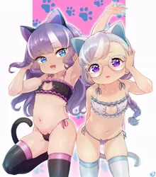 Size: 850x964 | Tagged: suggestive, artist:born-to-die, banned from derpibooru, ponybooru import, diamond tiara, silver spoon, human, animal costume, belly button, boob window, bra, breasts, cat ears, cat lingerie, cat tail, clothes, costume, delicious flat chest, duo, female, females only, glasses, humanized, image, jpeg, lingerie, lolicon, looking at you, sexy, small breasts, socks, stockings, stupid sexy diamond tiara, stupid sexy silver spoon, thigh highs, underage, underwear