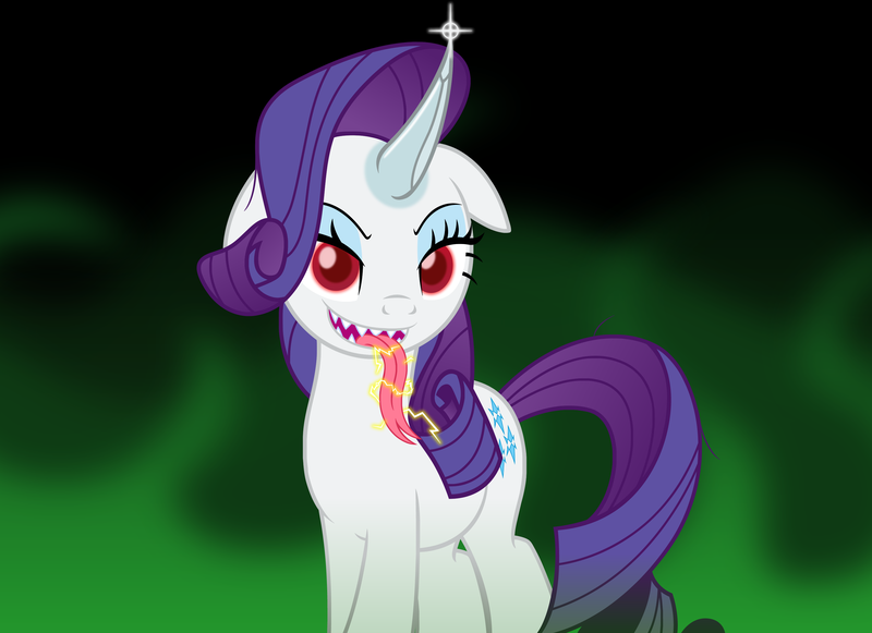 Size: 3214x2334 | Tagged: safe, artist:badumsquish, derpibooru import, rarity, sprout cloverleaf, pony, unicorn, my little pony: a new generation, spoiler:my little pony: a new generation, derpibooru exclusive, electricity, evil rarity, female, fit right in (g5), forked tongue, g5, grin, horn, horn blade, image, long tongue, looking at you, png, possessed, prologue, pure unfiltered evil, rarity jeong, red eyes, sharp teeth, show accurate, smiling, smirk, solo, sproutity, teeth, tongue out