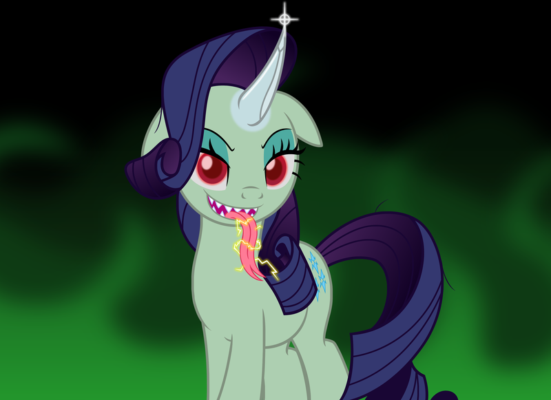 Size: 3214x2334 | Tagged: safe, artist:badumsquish, derpibooru import, rarity, sprout cloverleaf, pony, unicorn, my little pony: a new generation, spoiler:my little pony: a new generation, alternate color palette, derpibooru exclusive, electricity, evil rarity, female, fit right in (g5), forked tongue, g5, green coat, grin, horn, horn blade, image, long tongue, looking at you, png, possessed, prologue, pure unfiltered evil, rarity jeong, red eyes, sharp teeth, show accurate, smiling, smirk, solo, sproutity, teeth, tongue out