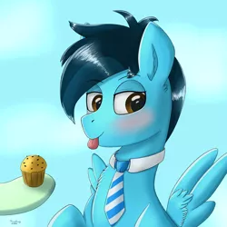 Size: 3000x3000 | Tagged: safe, derpibooru import, oc, oc:mrcelroy, pegasus, pony, blushing, bust, cloud, food, hooves, image, muffin, necktie, png, portrait, solo, tongue out, wings