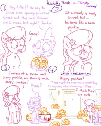 Size: 4779x6013 | Tagged: safe, artist:adorkabletwilightandfriends, derpibooru import, lily, lily valley, spike, dragon, earth pony, pony, comic:adorkable twilight and friends, adorkable, adorkable friends, autumn, carrying, carving, comic, confused, creepy, cute, dating, dork, female, front door, gasp, halloween, happy, holding, holiday, house, humor, image, love, male, open mouth, png, pumpkin, relationship, scratching, seasons, slice of life, smiling, spooked, spooky, unsettling, wagon