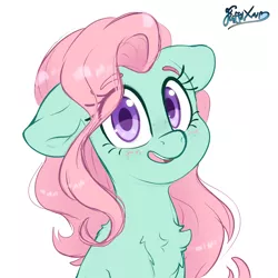 Size: 3000x3000 | Tagged: safe, artist:fluffyxai, derpibooru import, minty, blushing, chest fluff, cute, fluffy, image, looking at you, png, simple background, smiling, smiling at you, solo, white background