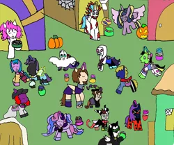 Size: 1302x1086 | Tagged: safe, derpibooru import, oc, alicorn, earth pony, pegasus, pony, unicorn, vampire, clothes, costume, halloween, halloween costume, holiday, image, kids, png, trick or treat