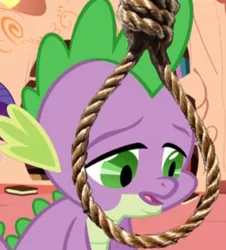 Size: 500x553 | Tagged: semi-grimdark, edit, ponybooru import, rarity, spike, dragon, unicorn, abuse, female, image, implied hanging, implied suicide, male, noose, offscreen character, png, rope, sad, solo, solo focus, spikeabuse, suicide