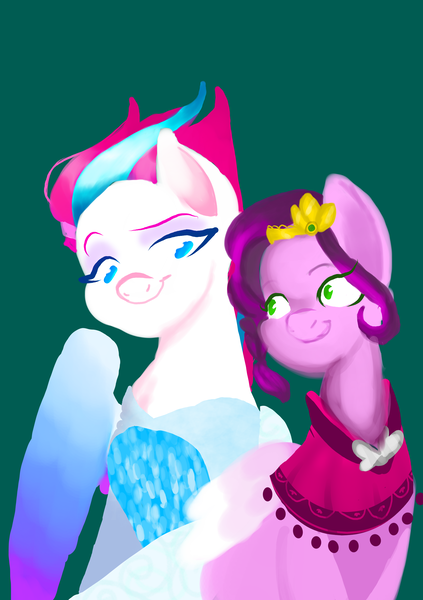 Size: 2039x2893 | Tagged: safe, artist:crystal62829002, derpibooru import, pipp petals, zipp storm, pegasus, pony, my little pony: a new generation, anna, clothes, cosplay, costume, disney, elsa, female, frozen (movie), g5, green background, image, png, siblings, simple background, sisters