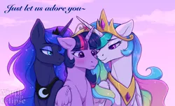 Size: 1280x779 | Tagged: safe, artist:nintheclipse, derpibooru import, princess celestia, princess luna, twilight sparkle, twilight sparkle (alicorn), alicorn, pony, bedroom eyes, blushing, crown, female, hair over one eye, horn, horns are touching, image, jewelry, jpeg, lesbian, looking at someone, mare, personal space invasion, peytral, polyamory, regalia, shipping, smiling, song reference, steven universe: the movie, twilunestia
