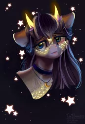 Size: 1805x2620 | Tagged: safe, artist:teaflower300, derpibooru import, oc, unofficial characters only, pony, bust, constellation, crying, frown, horns, image, lidded eyes, png, sad, solo, stars, teary eyes