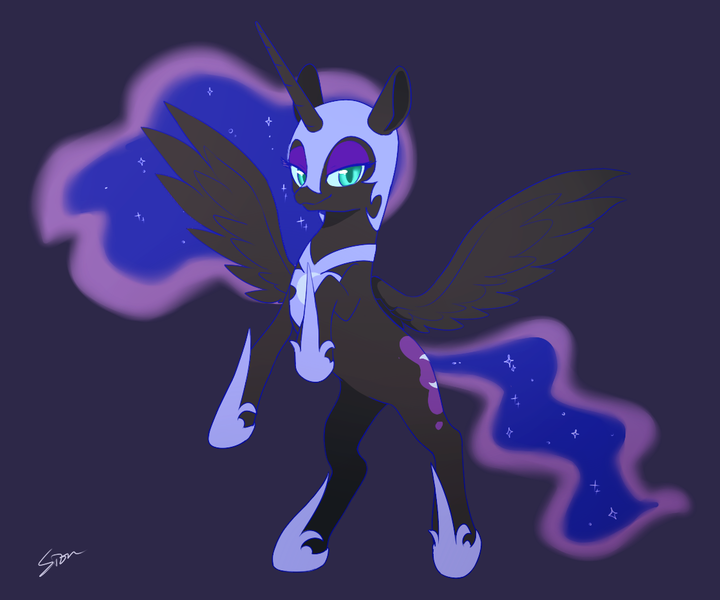 Size: 1119x932 | Tagged: safe, artist:sion, derpibooru import, nightmare moon, alicorn, pony, female, image, mare, png, ponytober, purple background, rearing, simple background, solo, spread wings, wings