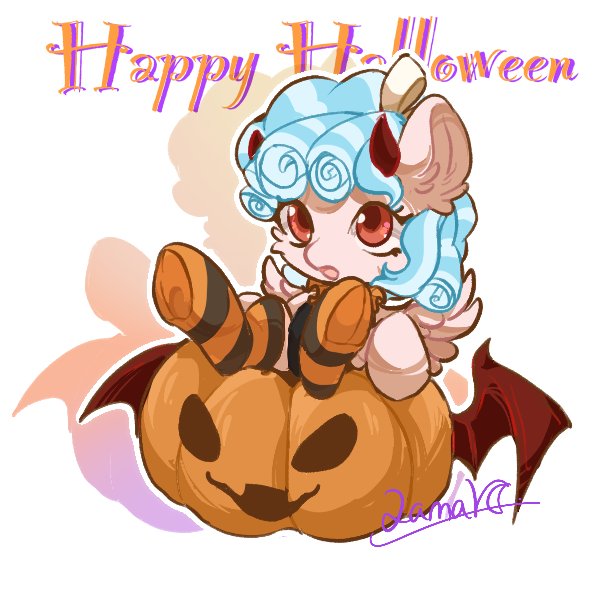 Size: 600x600 | Tagged: safe, artist:qamar, derpibooru import, cozy glow, pegasus, pony, cheek fluff, clothes, cozybetes, cute, demon wings, devil horns, ear fluff, female, filly, halloween, holiday, horns, image, jack-o-lantern, jpeg, lying down, on back, open mouth, pumpkin, socks, solo, striped socks, wings