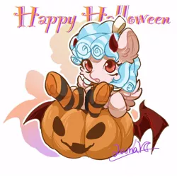 Size: 600x600 | Tagged: safe, artist:qamar, derpibooru import, cozy glow, pegasus, pony, cheek fluff, clothes, cozybetes, cute, demon wings, devil horns, ear fluff, female, filly, halloween, holiday, horns, image, jack-o-lantern, jpeg, lying down, on back, open mouth, pumpkin, socks, solo, striped socks, wings