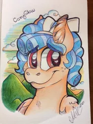 Size: 720x960 | Tagged: safe, artist:millefaller, derpibooru import, cozy glow, pegasus, pony, ear fluff, eyelashes, female, filly, freckles, heart eyes, image, jpeg, outdoors, signature, smiling, traditional art, wingding eyes, wings