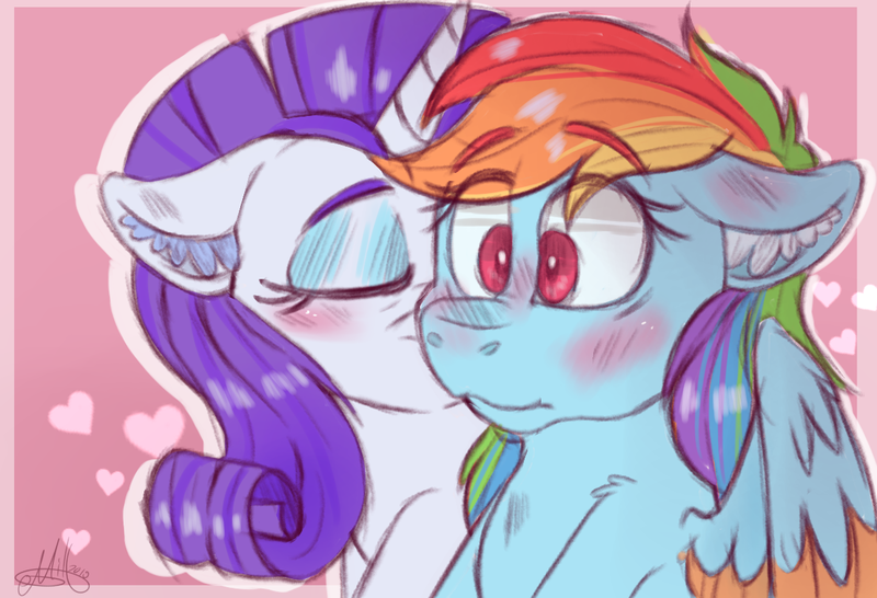 Size: 1230x840 | Tagged: safe, artist:millefaller, derpibooru import, rainbow dash, rarity, pegasus, pony, unicorn, blushing, colored wings, ear fluff, eye clipping through hair, eyelashes, eyes closed, female, horn, image, kiss on the cheek, kissing, lesbian, makeup, mare, png, raridash, shipping, signature, two toned wings, wide eyes, wings