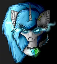 Size: 1543x1729 | Tagged: safe, artist:beamybutt, derpibooru import, oc, oc:moonbeam, unofficial characters only, pony, unicorn, black background, bust, chains, ear fluff, ear piercing, eyelashes, female, horn, image, jewelry, mare, necklace, piercing, png, simple background, solo, unicorn oc