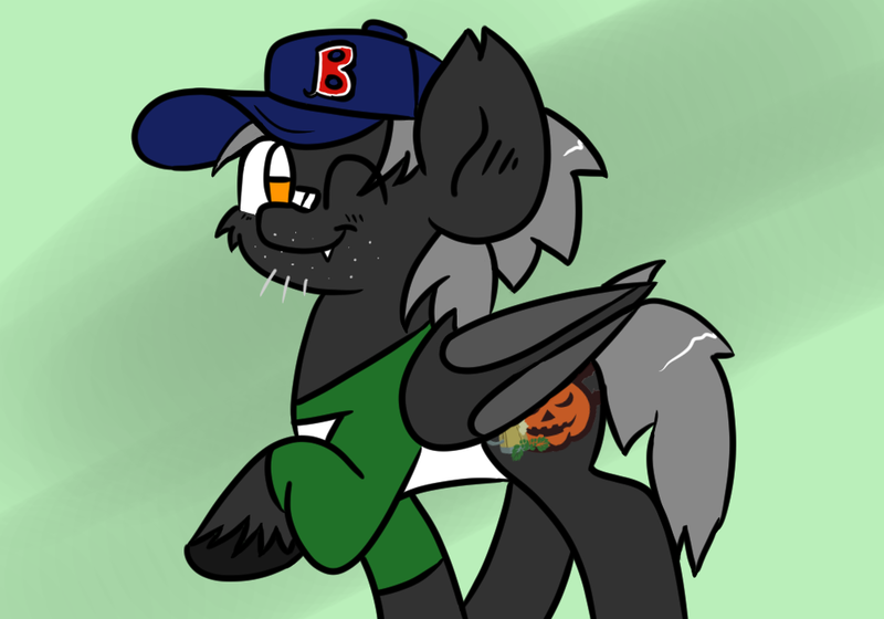 Size: 1000x700 | Tagged: safe, artist:tranzmuteproductions, derpibooru import, oc, oc:tranzmute, unofficial characters only, pony, bandaid, baseball cap, bat wings, cap, clothes, green background, hat, image, male, one eye closed, png, raised hoof, simple background, smiling, solo, stallion, unshorn fetlocks, wings, wink