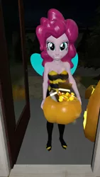Size: 900x1600 | Tagged: suggestive, artist:oatmeal!, derpibooru import, pinkie pie, bee, insect, equestria girls, 3d, animal costume, bee costume, candy, clothes, costume, food, gmod, grin, halloween, halloween costume, holiday, image, png, pumpkin, smiling, solo, trick or treat