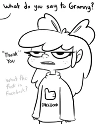 Size: 792x970 | Tagged: safe, artist:tjpones, derpibooru import, apple bloom, human, apple bloom is not amused, black and white, clothes, facebook, female, freckles, frown, grayscale, humanized, image, implied granny smith, monochrome, offscreen character, png, simple background, solo, sweater, tooth gap, unamused, vulgar, white background