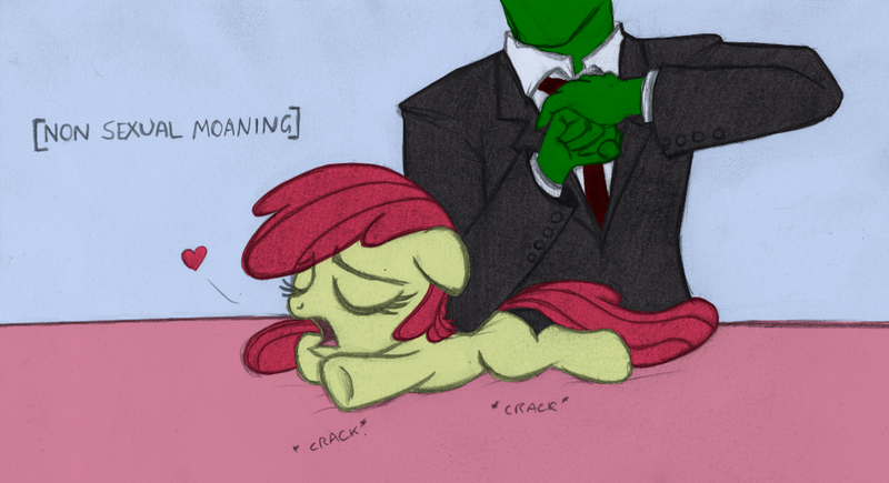 Size: 1023x556 | Tagged: safe, artist:lockerobster, color edit, derpibooru import, edit, apple bloom, oc, oc:anon, earth pony, pony, black and white, colored, descriptive noise, female, filly, grayscale, heart, image, massage, meme, moaning, moaning in pleasure, monochrome, png, traditional art