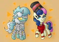 Size: 4352x3064 | Tagged: safe, artist:background basset, derpibooru import, bon bon, lyra heartstrings, sweetie drops, earth pony, pony, unicorn, clothes, costume, duo, duo female, egyptian, female, high res, image, mare, mummy, mummy costume, png, raised hoof, smiling