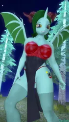 Size: 2160x3840 | Tagged: suggestive, artist:kevhon, derpibooru import, oc, oc:denalia, unofficial characters only, anthro, bat pony, demon, 3d, anthro oc, bat pony oc, bat wings, breasts, clothes, commission, female, fishnets, grin, hat, high res, horns, image, leotard, looking at you, nail polish, night, pine tree, png, smiling, smiling at you, solo, solo female, source filmmaker, spread wings, tree, wings, witch hat, ych result