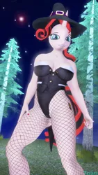 Size: 2160x3840 | Tagged: suggestive, artist:kevhon, derpibooru import, oc, oc:poppy sunset, anthro, unicorn, 3d, breasts, clothes, commission, female, fishnets, hat, image, leotard, looking at you, nail polish, night, pine tree, png, solo, solo female, source filmmaker, tree, witch hat, ych result