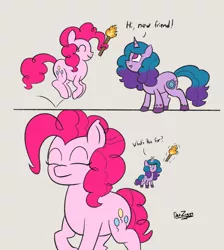 Size: 2758x3072 | Tagged: safe, artist:datzigga, derpibooru import, izzy moonbow, pinkie pie, earth pony, pony, unicorn, my little pony: a new generation, bittersweet, comic, crossover, dialogue, g5, image, passing the torch, png, pronking, pun, torch, visual pun