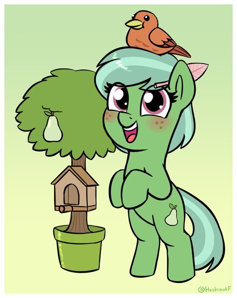 Size: 1354x1700 | Tagged: safe, artist:heretichesh, derpibooru import, oc, oc:quillpear, unofficial characters only, bird, earth pony, pony, bird house, bird on head, blushing, cute, feather, feather in hair, food, freckles, gradient background, image, jpeg, ocbetes, open mouth, open smile, pear, pear tree, potted plant, rearing, smiling, solo, tree