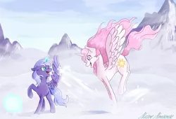 Size: 1315x894 | Tagged: safe, artist:naivenonsense, derpibooru import, princess celestia, princess luna, alicorn, pony, cewestia, duo, female, filly, glow, glowing horn, horn, image, mountain, pink-mane celestia, playing, png, royal sisters, siblings, signature, sisters, snow, woona, younger