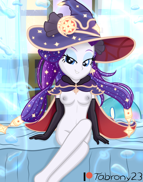 Size: 1075x1366 | Tagged: questionable, alternate version, artist:tabrony23, derpibooru import, rarity, equestria girls, beautiful, breasts, cape, clothes, cosplay, costume, female, genshin impact, gloves, hat, high heels, high res, image, looking at you, magic, mona (genshin impact), nudity, patreon, patreon logo, png, sexy, shoes, slimes (genshin impact), smiling, solo, water, witch hat