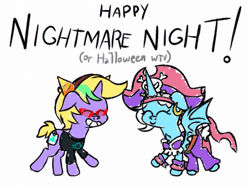 Size: 833x625 | Tagged: safe, artist:iceflower99, derpibooru import, oc, oc:buggy brush, oc:darky spell, unofficial characters only, genie, original species, animated, clothes, costume, daemonequus, eyes closed, gif, halloween, holiday, homestuck, image, nightmare night, risky boots, shantae, terezi pyrope